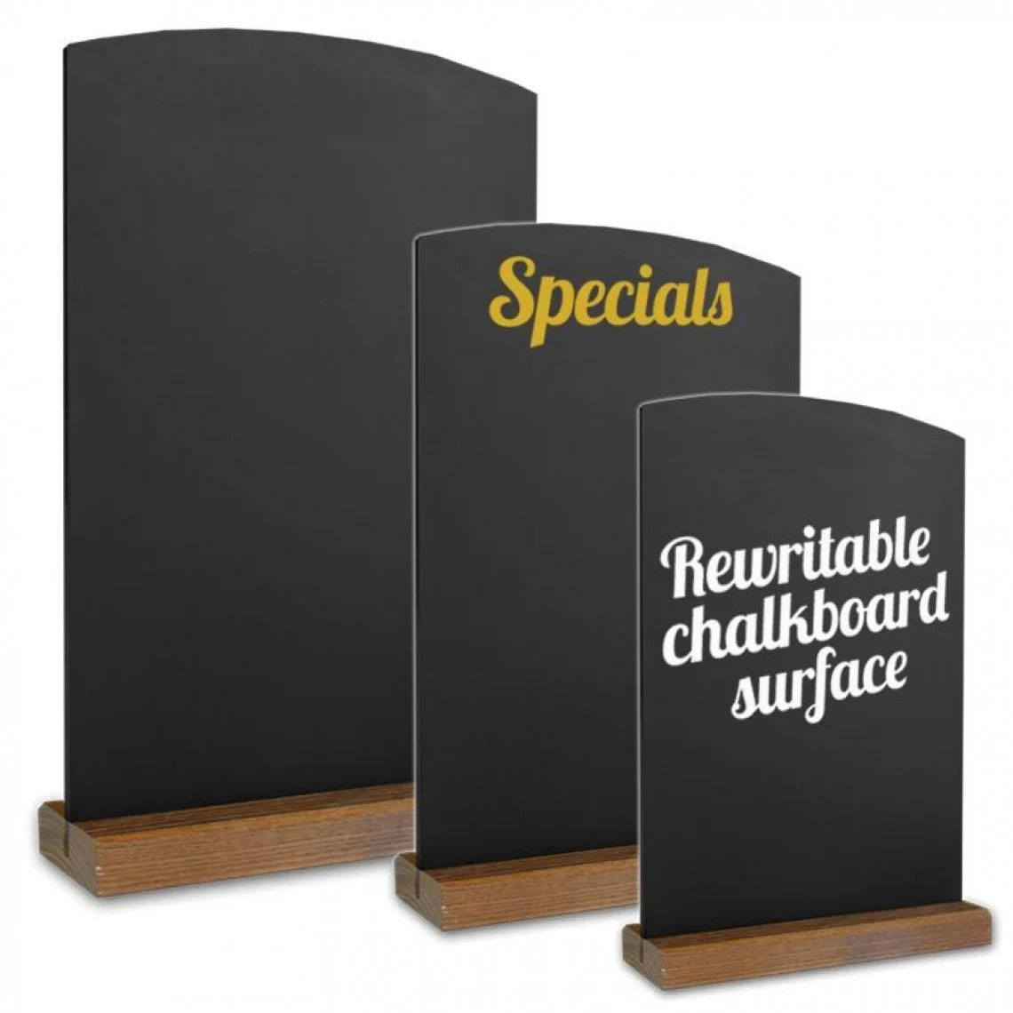 three wooden table talkers for tabletops