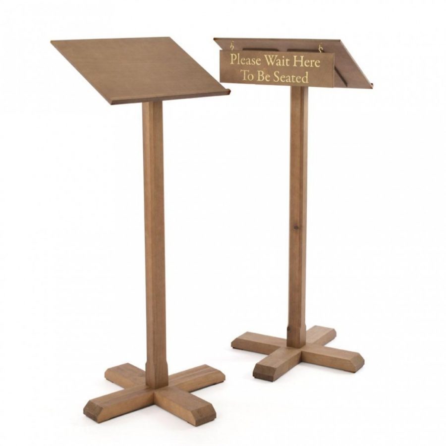 wooden menu lectern with optional seating sign